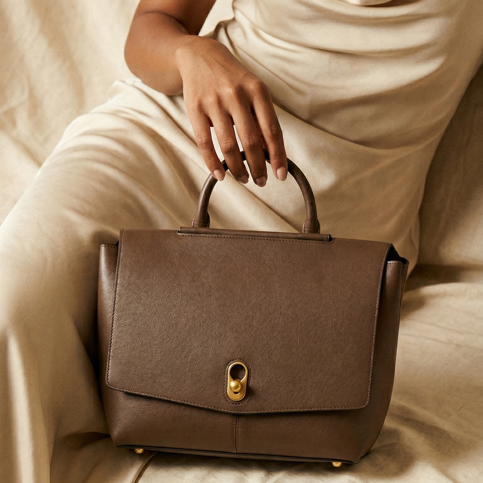 Brown handbag held by a person in a white dress on a beige surface