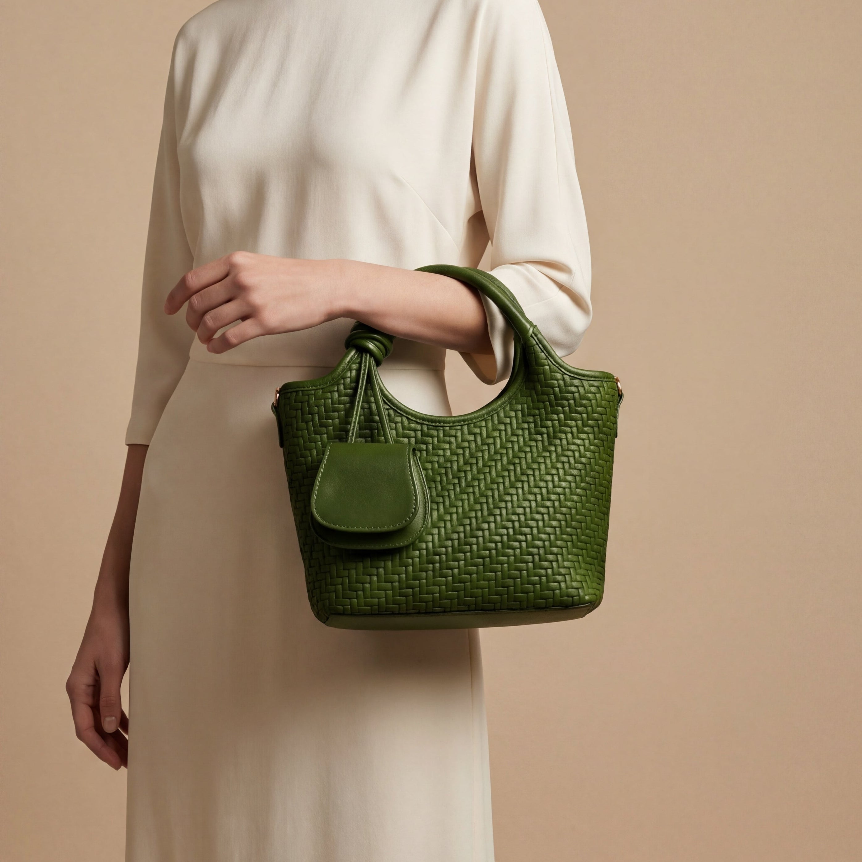 Woman holding a green woven handbag against a beige background